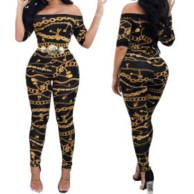 Fashion Women Summer Sexy Black Iron Chain Printing Short Sleeve Off Shoulder Slim Fit Jumpsuits (Color: Black, size: S)