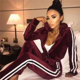 Autumn Winter Women Velvet Tracksuit Long Sleeve Zipper Hooded Tops+Pants Sport Suits Sportswear Two Pieces Set (Color: Burgundy, size: XXL)