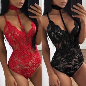 Fashion Women Sheer Lace Floral Leotard Tops Backless Jumpsuit Sexy Lingerie Dress Neck Choker Bodysuit (Color: Red, size: M)