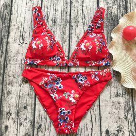 New Bikini Flower Print Swimsuit Ladies Split Swimsuit Beach Bikini (Color: Red, size: M)