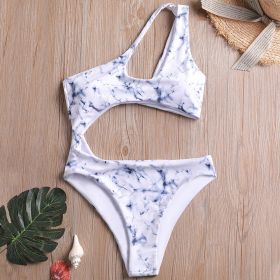 Europe and the United States new swimsuit ink printing sexy gathered irregular one-piece swimsuit (Color: White, size: S)