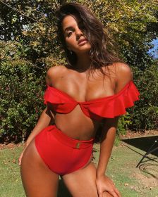 Explosion Models Solid Color Bikini Ruffled Straps Swimsuit Ladies High Waist Swimsuit Steel Support Bikini (Color: Red, size: S)