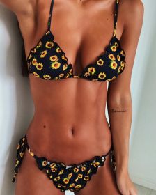 Sunflower Print Bikini New Swimwear Women's Fluffy Swimwear Strap Bikini (Color: White, size: M)