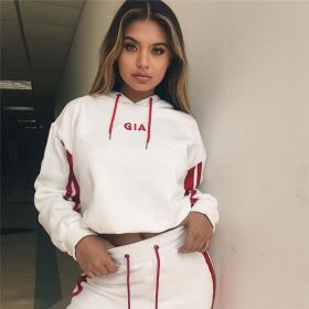 2 Piece Set Women Tracksuit Sportswear Casual White Red Sweat Pants Hooded Cropped Sweatshirt Hoodie (Color: White, size: S)