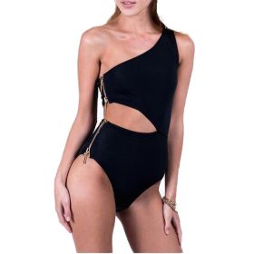 Hot Bikini Sexy Zipper Design One-shoulder One-piece Swimsuit (Color: Black, size: M)