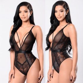 Fashion Sleepwear Backless Teddies Hollow Bodysuit Floral Lace Halter One Piece Sexy Lingerie (Color: Black, size: M)