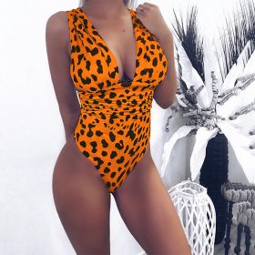 Summer Swimwear New Style Deep V Leopard Print Sexy One-piece Swimsuit (Color: Yellow, size: M)