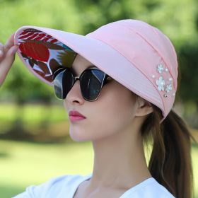 Wide Brim Sun Visor Foldable Picnic Hat Beach UV Protection Scallop Cap For Outdoor With Faux Pearl & Flower; Women's Hat & Caps (Color: 4# Pink)