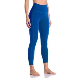 Women's High Waisted Yoga Pants 7/8 Length Leggings with Pockets (Color: Blue, size: large)