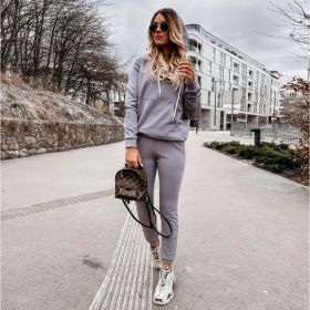 European and American Women's Solid Color Casual Hooded Sweatshirt Sportswear Two-piece Suit (Color: Gray, size: M)