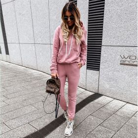 European and American Women's Solid Color Casual Hooded Sweatshirt Sportswear Two-piece Suit (Color: Pink, size: XXL)