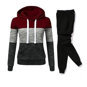 Women Tracksuit 2 Pieces Set Winter Hoodies+Pants Set Patchwork Pullover Sweatshirt Female Sport Suit Outfits for Woman Clothing (Color: Burgundy, size: XXXXL)