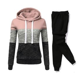 Women Tracksuit 2 Pieces Set Winter Hoodies+Pants Set Patchwork Pullover Sweatshirt Female Sport Suit Outfits for Woman Clothing (Color: Pink, size: XXXL)