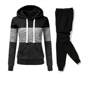 Women Tracksuit 2 Pieces Set Winter Hoodies+Pants Set Patchwork Pullover Sweatshirt Female Sport Suit Outfits for Woman Clothing (Color: Black, size: XXXL)