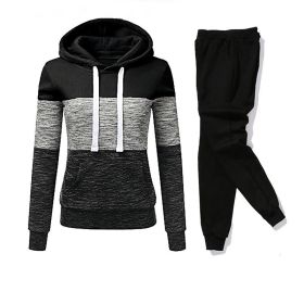 Women Tracksuit 2 Pieces Set Winter Hoodies+Pants Set Patchwork Pullover Sweatshirt Female Sport Suit Outfits for Woman Clothing (Color: Black, size: L)