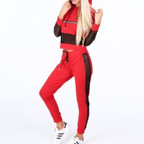 Autumn and Winter Women's Hooded Mesh Yarn Stitching Casual Sports Suit Jacket + Pants Two-piece (Color: Red, size: XXXL)