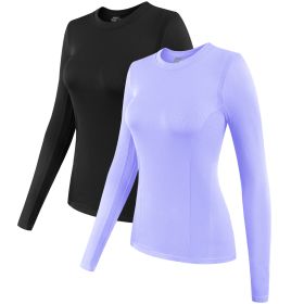 2 Pack Womens Long Sleeve Tops, Crew Neck Stretch Fitted Base Layer Tee Shirts Tops (Color: Black+LightPurple, size: S)