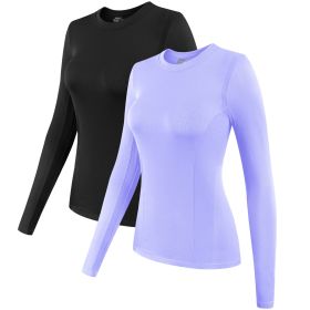 2 Pack Womens Long Sleeve Tops, Crew Neck Stretch Fitted Base Layer Tee Shirts Tops (Color: Black+LightPurple, size: M)