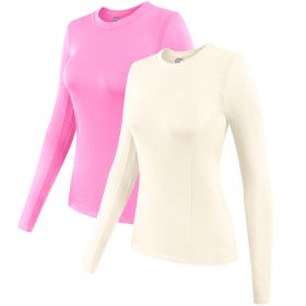 2 Pack Womens Long Sleeve Tops, Crew Neck Stretch Fitted Base Layer Tee Shirts Tops (Color: Beige+Pink, size: M)