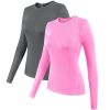 2 Pack Womens Long Sleeve Tops, Crew Neck Stretch Fitted Base Layer Tee Shirts Tops