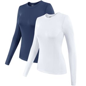 2 Pack Womens Long Sleeve Tops, Crew Neck Stretch Fitted Base Layer Tee Shirts Tops (Color: White+Navy, size: S)