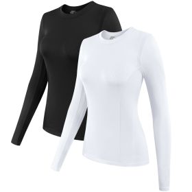 2 Pack Womens Long Sleeve Tops, Crew Neck Stretch Fitted Base Layer Tee Shirts Tops (Color: Black+White, size: L)