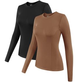 2 Pack Womens Long Sleeve Tops, Crew Neck Stretch Fitted Base Layer Tee Shirts Tops (Color: Black+Coffee, size: S)