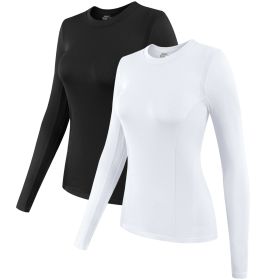 2 Pack Womens Long Sleeve Tops, Crew Neck Stretch Fitted Base Layer Tee Shirts Tops (Color: Black+White, size: M)