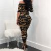 Fashion Women Summer Sexy Black Iron Chain Printing Short Sleeve Off Shoulder Slim Fit Jumpsuits